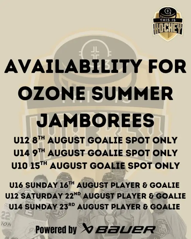 🚨UPDATE ON OZONES SUMMER JAMBOREES BOOKING AVAILABILITY

Players spots sold out for August 8th, 9th & 15th. Please email in to be added to the waiting list. 1 goalie spot left on these dates.

Limited player spaces for August 16th, 22nd & 23rd along with 1 goalie space only on these dates.

🏒🥅Play Competitive Games: Enjoy more game time and engage in fast-paced 3-on-3 hockey.

🏒🥅Maximize Puck Time: With the fast paced 3on3 style hockey, you get more opportunities to handle the puck and more chances to shoot the puck.

🏒🥅Increase Your Game Awareness And Reaction Time : 3on3 hockey is face paced and will help you increase your speed, awareness and reaction time.

🏒🥅Make New Friends: Connect with other hockey enthusiasts and form lasting friendships.

Get assigned to team Oettinger, Pastrnak, Makar, Zegras, or Knight 👕 Whether you're a seasoned player or new to the sport, the Ozone Jamborees offer an unparalleled experience🔥

Don't miss out on the opportunity to be part of these exciting events ⭐ Bring your passion for hockey and be prepared for a memorable tournament experience 🏒🥅

Fore details & to book 👉 https://ozonehockey.co.uk/ozone-jamboree/ or visit our 🔗 in bio☝️

⚠️Please select the correct player or goalie button and be sure to select the date on the calendar of the relevant Jamboree that you are wishing to book onto. 

⚠️For August dates please book for season 2026/2027 age groups
U10s: Born 2017 – 2019
U12s: Born 2015 – 2016
U14s: Born 2013 – 2014
U16s: Born 2011 – 2012

Ozone Jamboree events are in partnership with Bauer Hockey UK @bauerhockeyeurope🤝🏒

📌 Ozone Ice Rink - Bracknell 
📞 01344 453005 
🌐 ozonehockey.co.uk

#ozonethisishockey #icehockeyjamboree #junioricehockey #bauerhockeyuk
